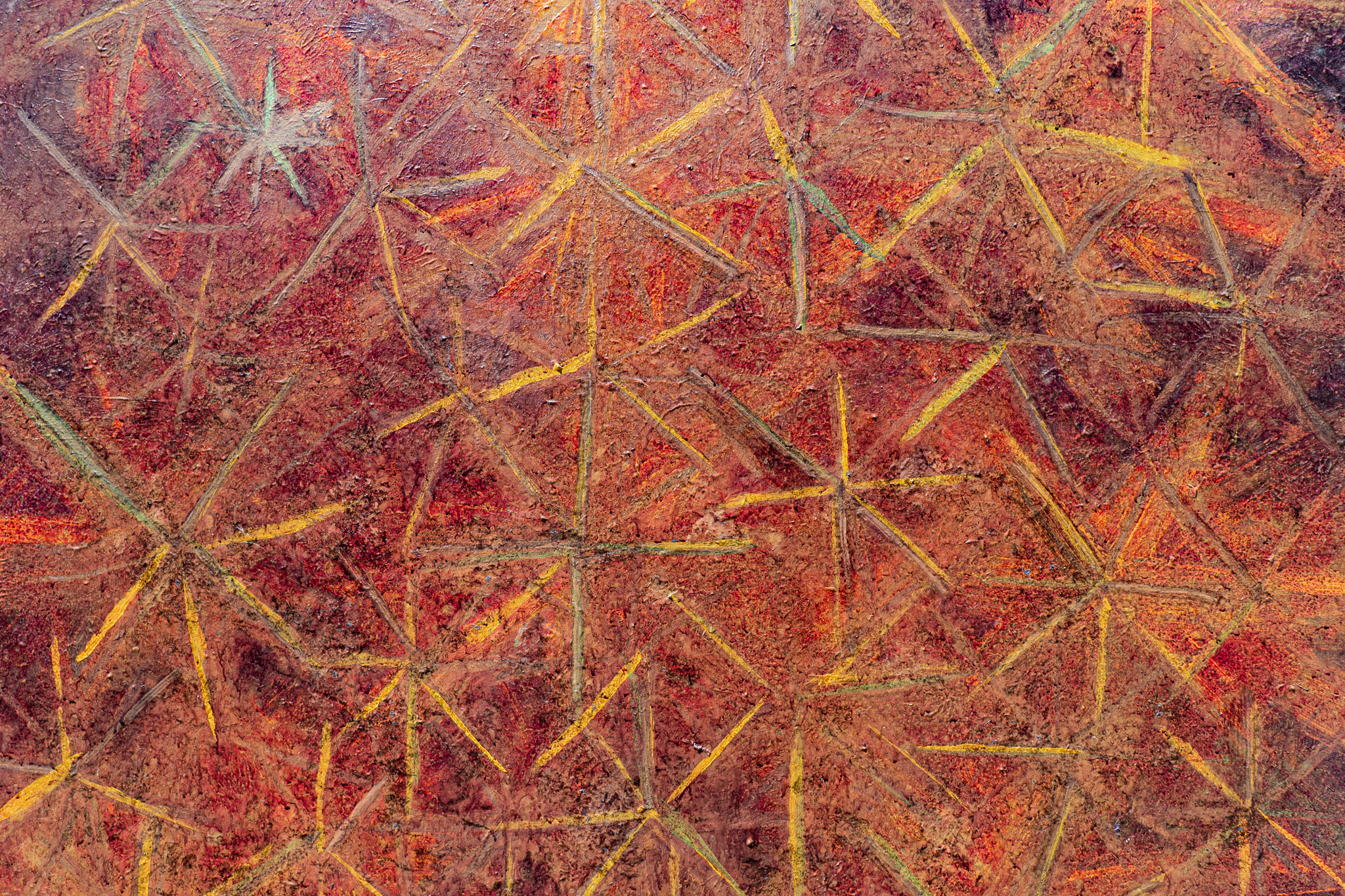 PS Desert Whispers - Abstract painting with a textured, reddish-brown background and star-like lines.
