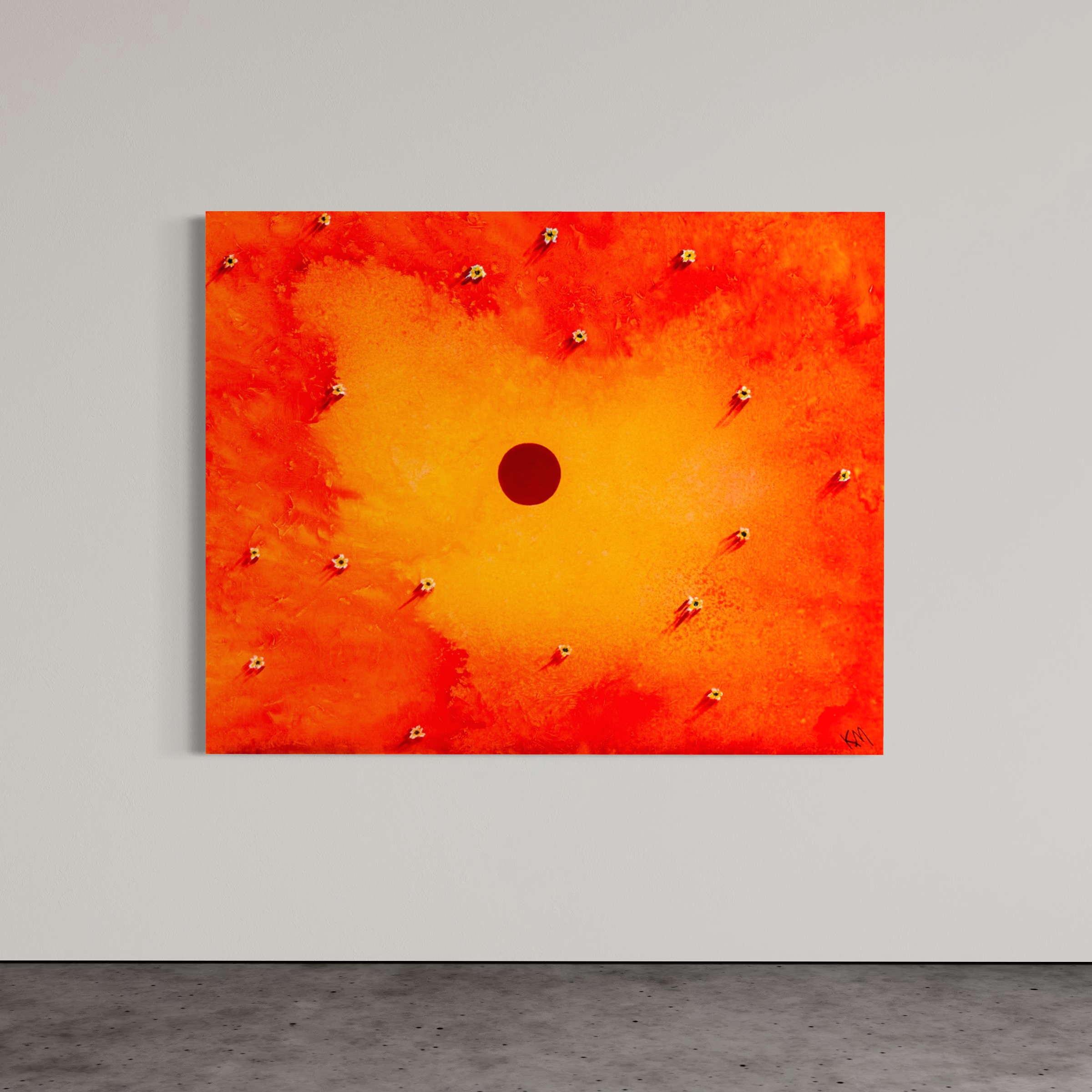 A vibrant abstract painting with a red-orange and yellow gradient background, featuring a dark red circle in the center.