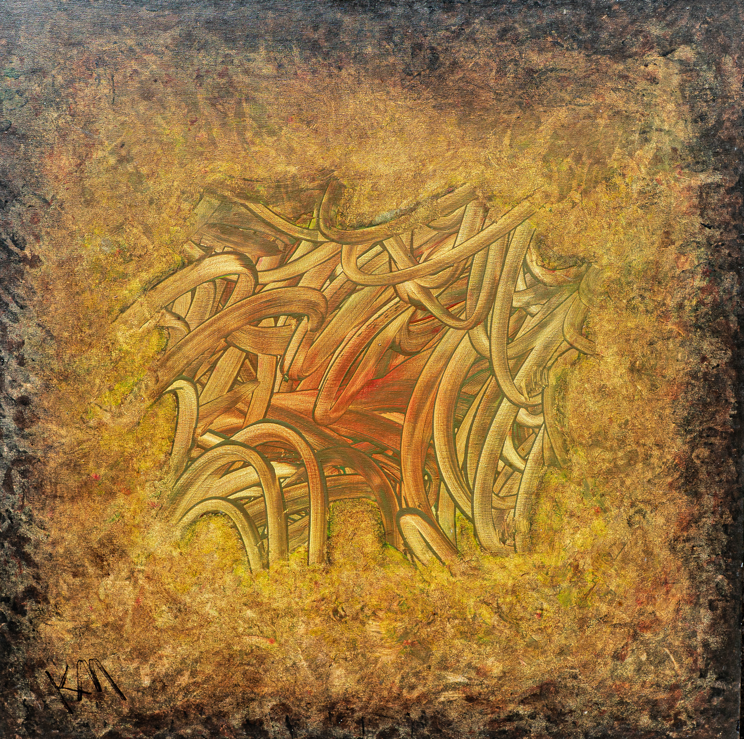 Abstract composition of pale beige tubes tangled into a chaotic mound, set against a warm, textured yellow-orange glow and dark, marbled border.