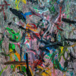 Abstract expressionist painting with a dense tangle of colorful brushstrokes—greens, blues, pinks, yellows over a gray background, conveying chaotic energy.