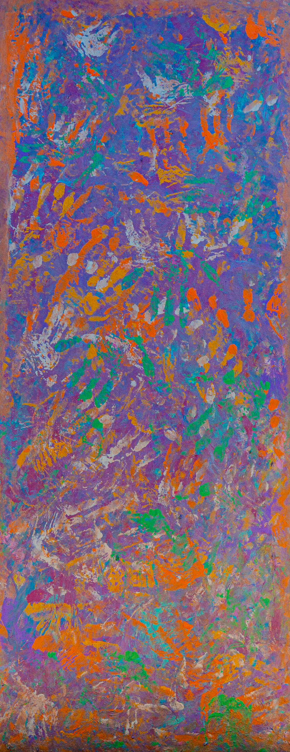 Vertical abstract painting with a purple field and bright orange, green, and blue brushstrokes.