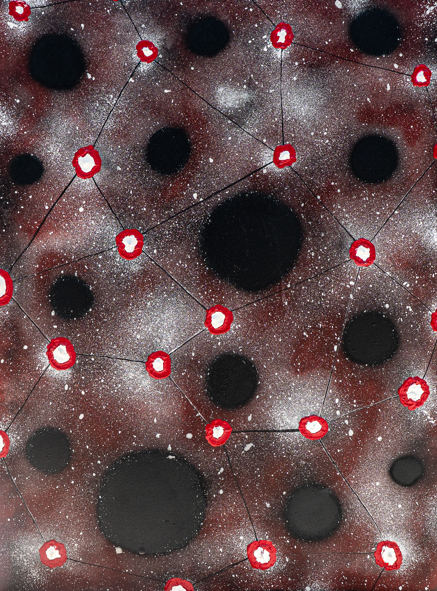 Abstract network art: black circular nodes connected by thin lines with red-ringed centers on a speckled reddish background.