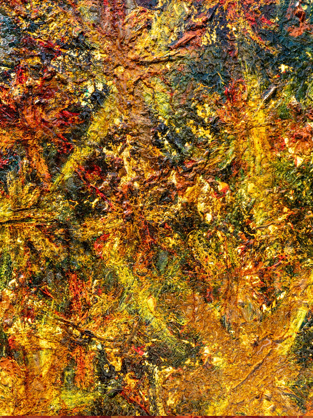 Vibrant abstract painting with thick, textured strokes in yellows, oranges, reds, greens and blues.