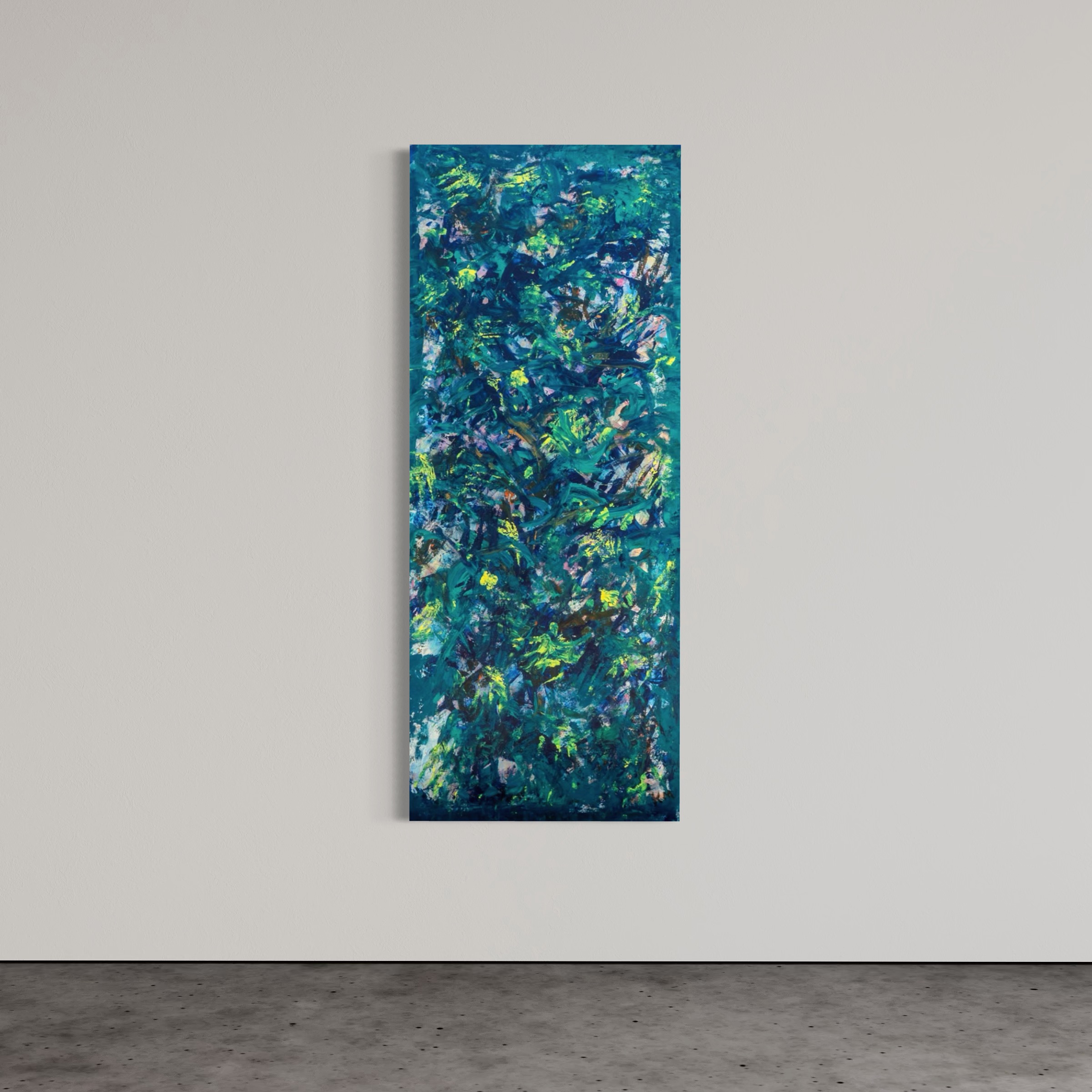 Vertical abstract painting in blue, teal, and green tones mounted on a white gallery wall.