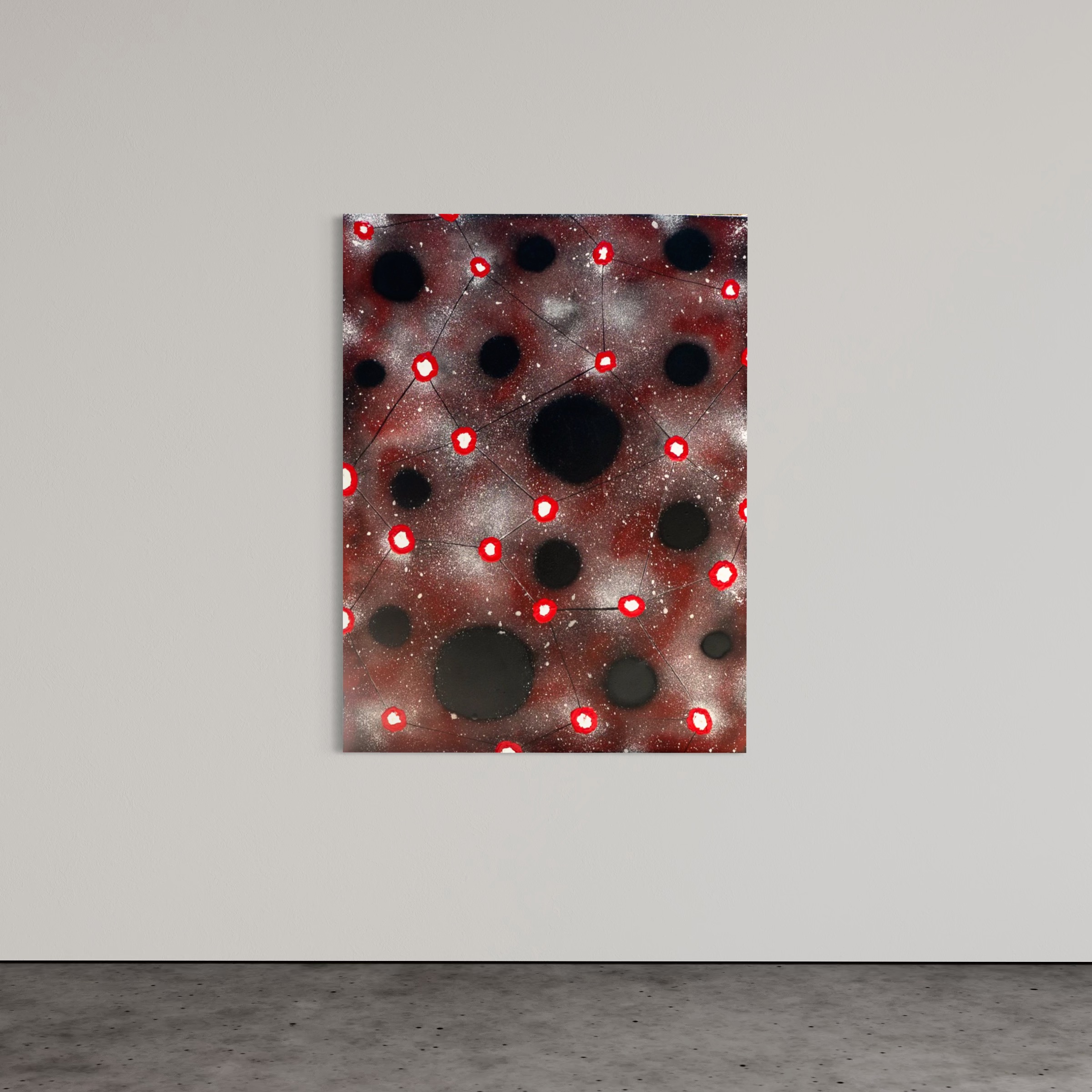 Abstract wall art: red nodes connected by black lines on a dark, speckled maroon background, hanging in a gallery.