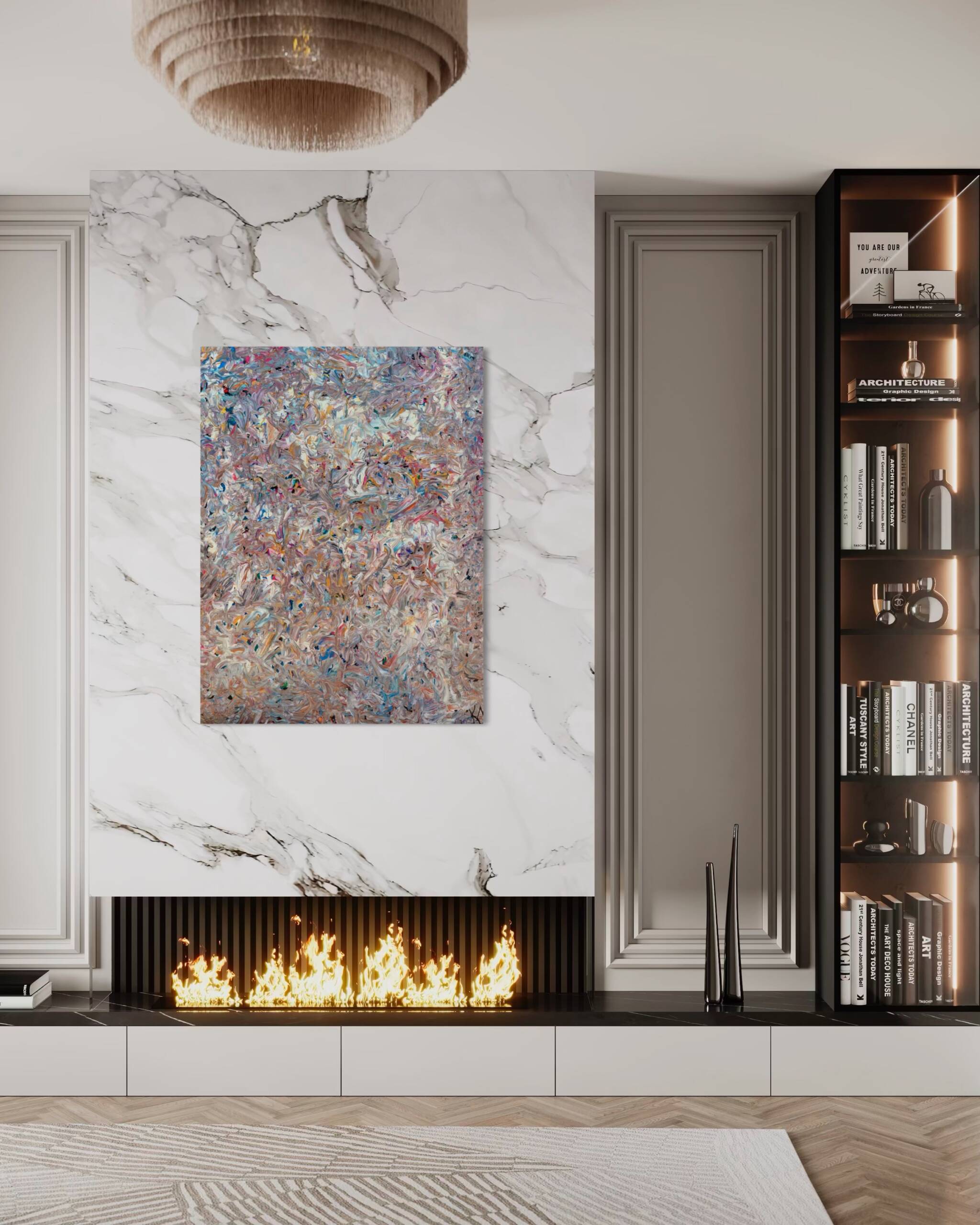 Contemporary living room with a marble wall, abstract colorful painting, and a lit fireplace beneath built-in gray cabinetry.