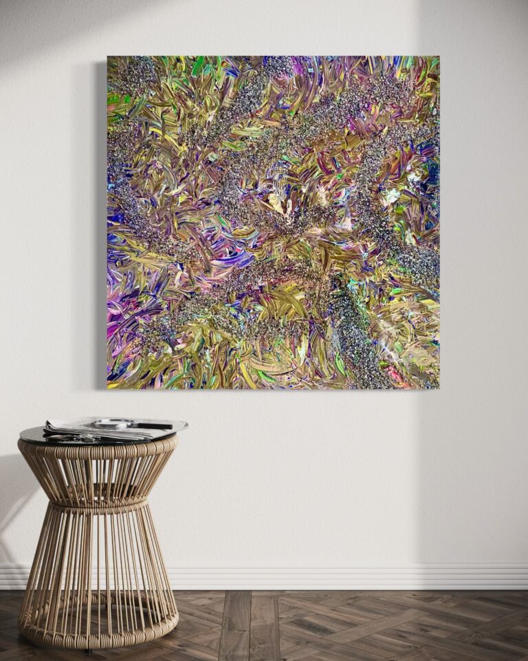 Abstract colorful painting with swirling gold, purple, and blue tones hanging on a white wall beside a wicker side table.