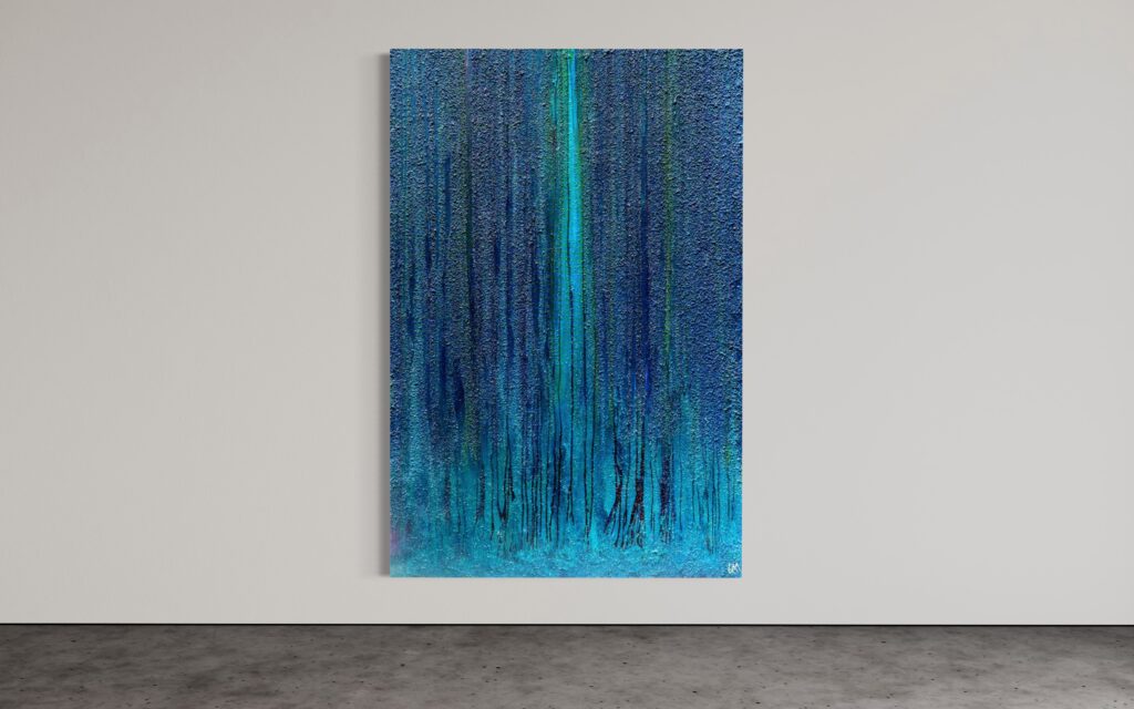 Abstract blue painting with vertical turquoise drips on a pale gallery wall.