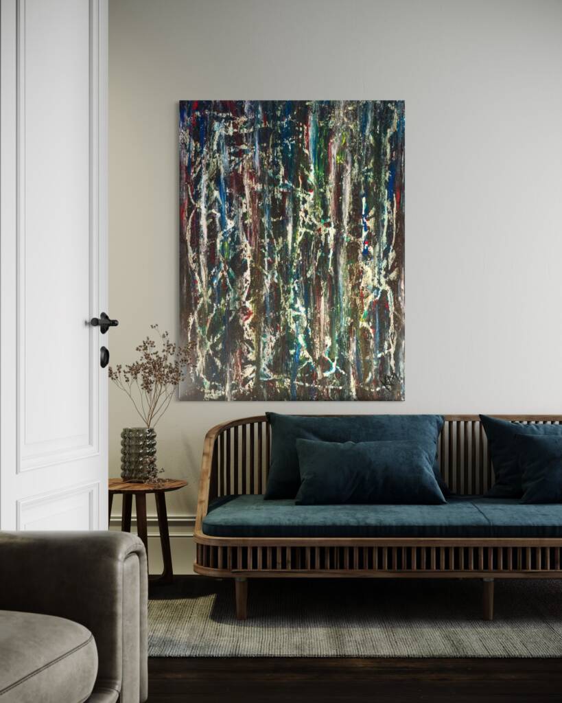 Abstract multicolored painting on a light wall above a wooden sofa with teal cushions, a small side table with dried branches nearby.