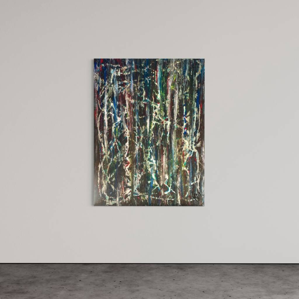 Vertical abstract painting with multicolored dripping strokes on a dark base, hung on a light-gray gallery wall.