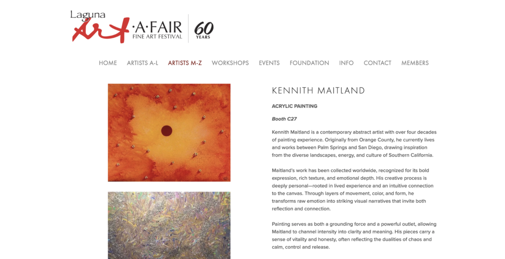 Kennith Maitland artist page with two acrylic paintings, orange central piece and a textured iridescent work.