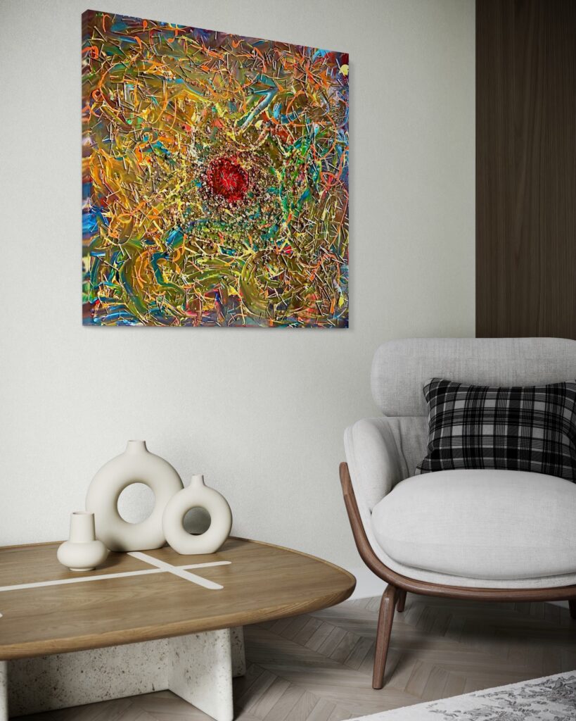 Abstract colorful painting on a light wall above a round wooden coffee table with white ceramic vases and a gray armchair nearby.