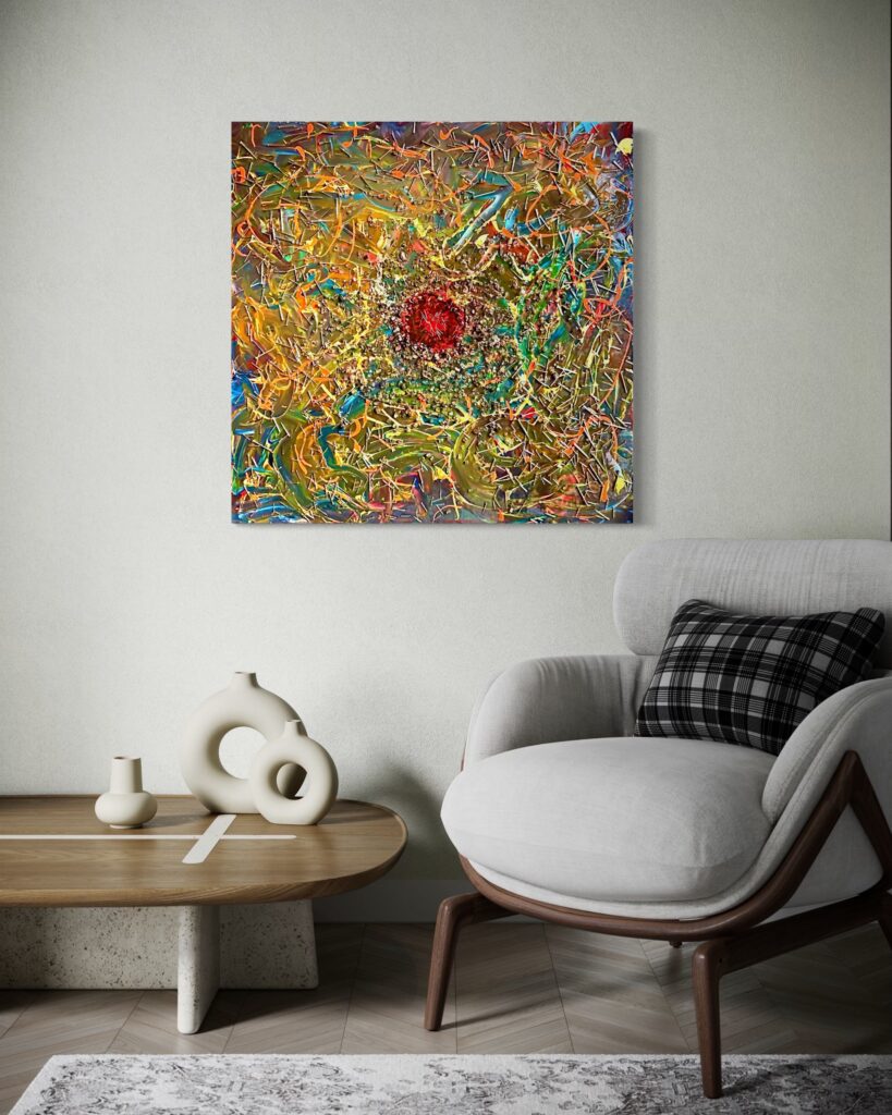 Colorful abstract painting hung on a light wall above a white curved sofa and wooden coffee table in a modern living room.