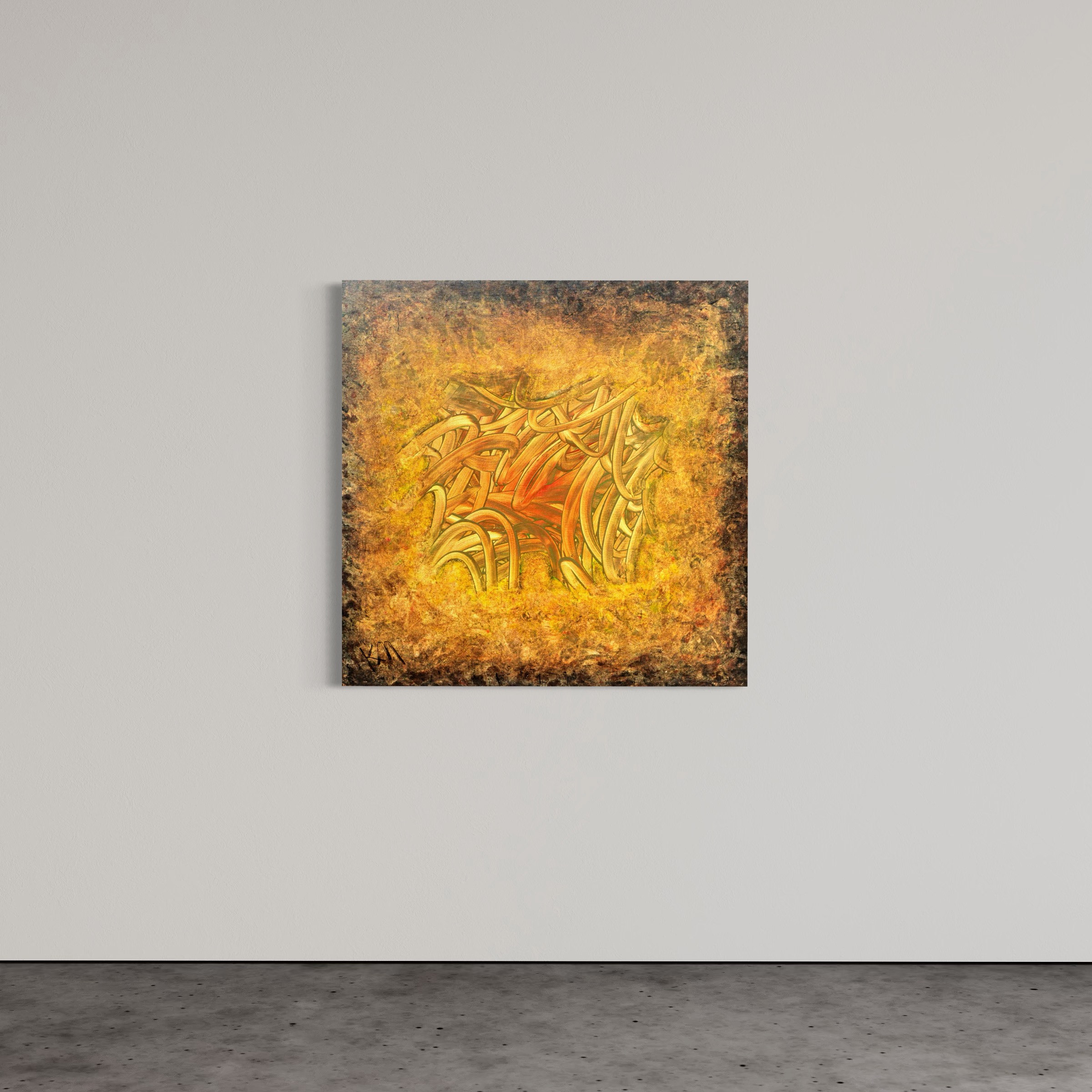 Abstract painting with tangled yellow ribbons on a warm orange-brown textured background, mounted on a pale gray gallery wall