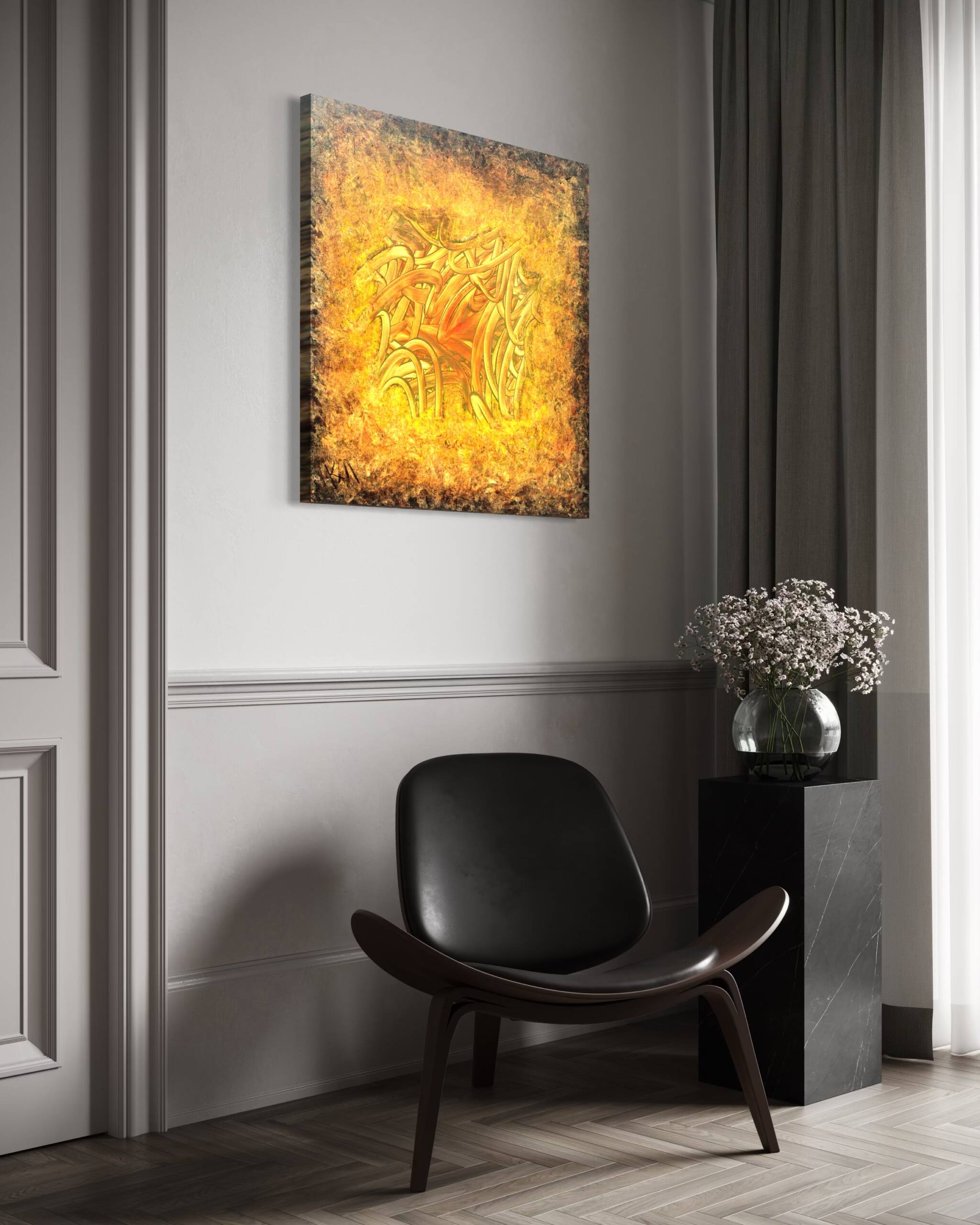 Modern part-separated room with a black wooden lounge chair, abstract yellow-orange art on the wall, and a vase of white flowers near dark curtains.