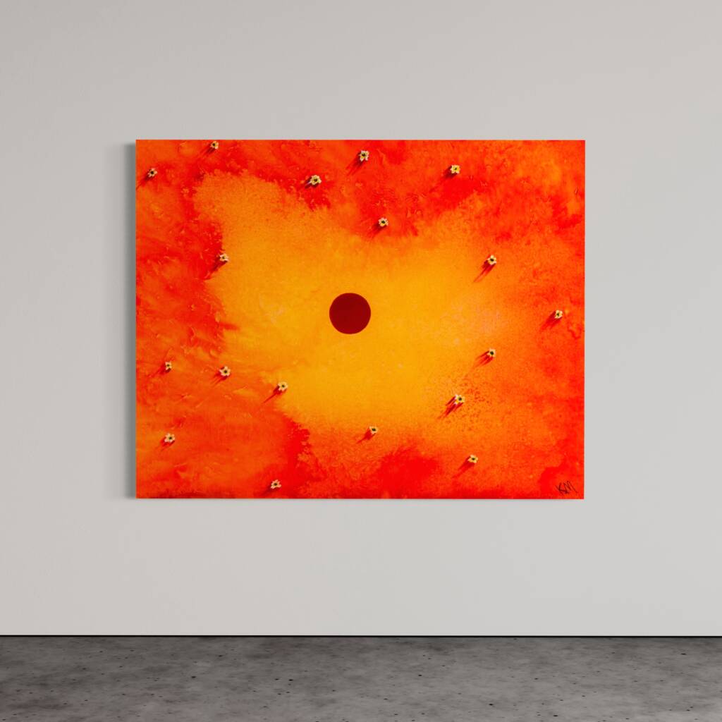 Abstract orange-to-yellow gradient painting hanging on a light gray gallery wall, with small white flower-like marks scattered across the surface.