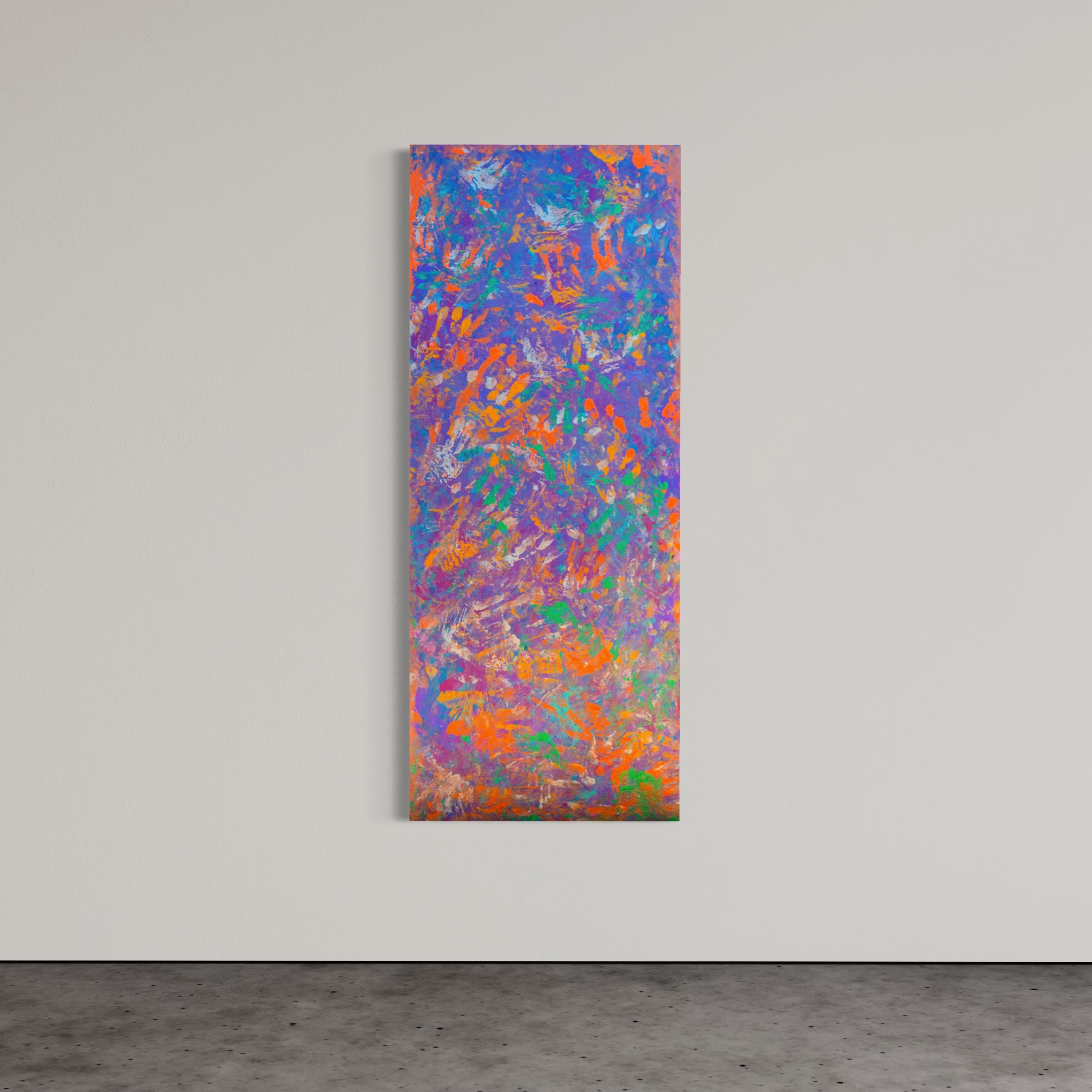 Abstract colorful painting hanging on a white gallery wall.
