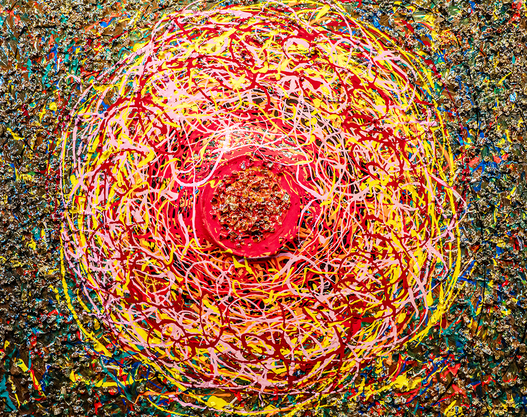 Vibrant abstract painting with a red central disk and tangled rings of pink, yellow, and orange splatters over a textured multicolor background.