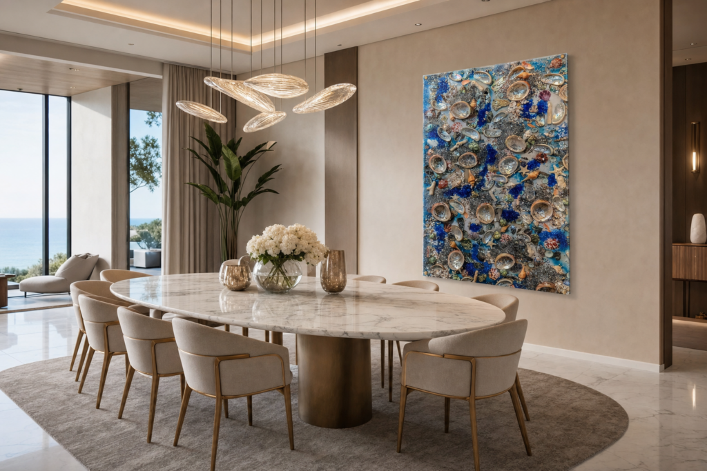 Luxurious dining room with an oval marble table, cream upholstered chairs, and hanging pendant lights; ocean view through large windows.