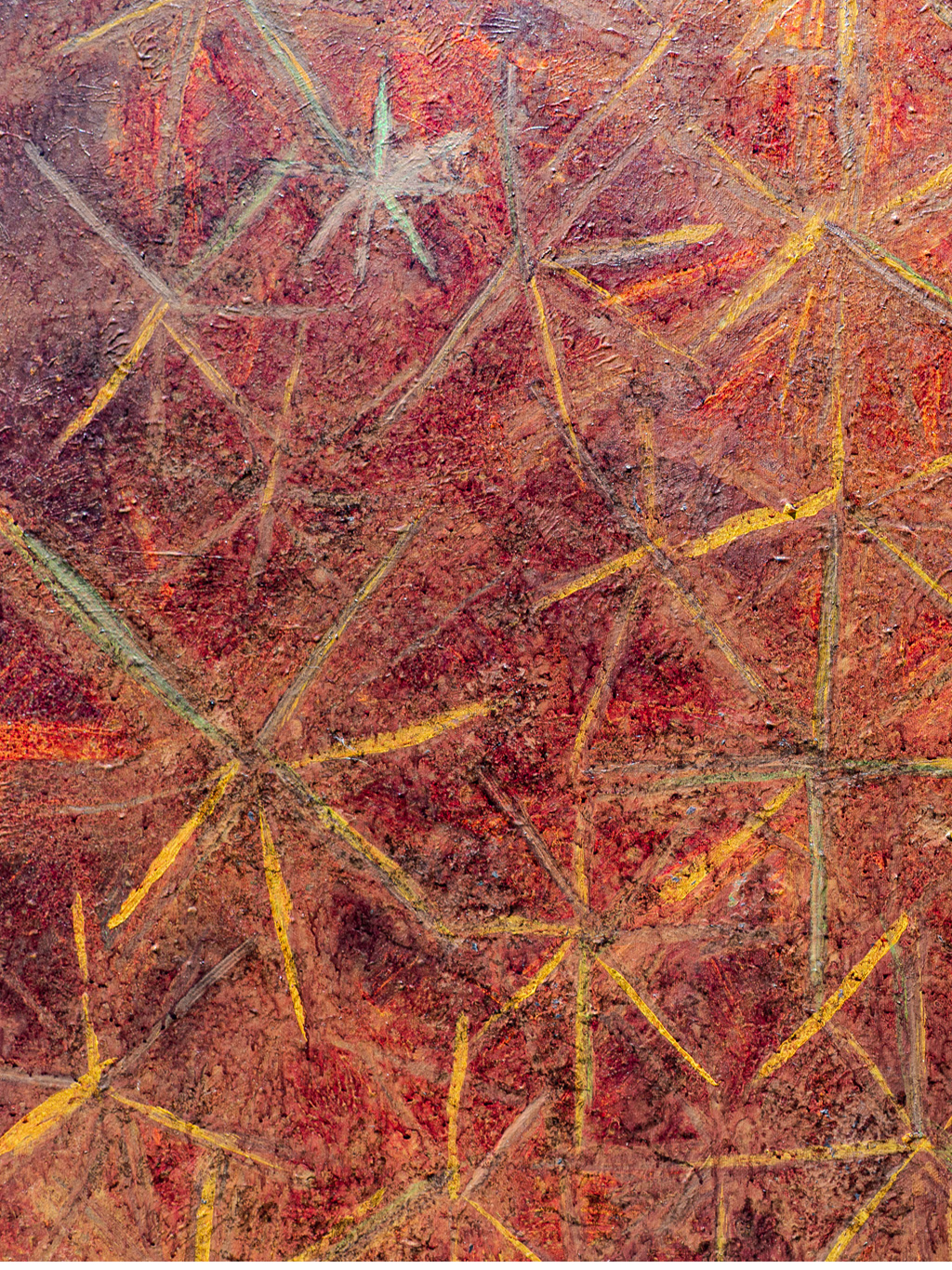 Abstract painting with a rough red-orange background and crisscrossing yellow lines forming geometric shapes in a textured surface.